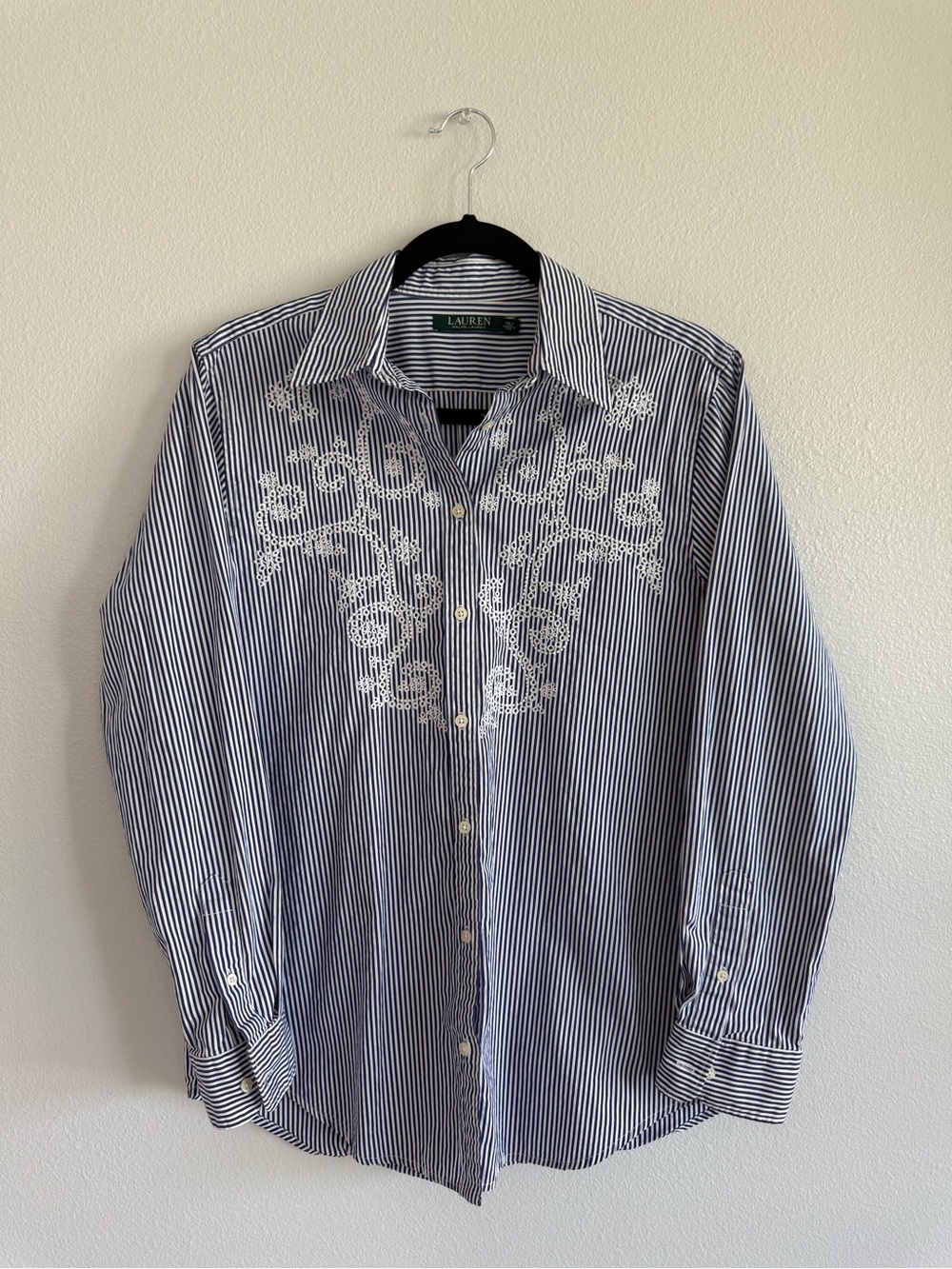 Lauren Ralph Lauren Navy Stripe Embroidered Button-Down Shirt